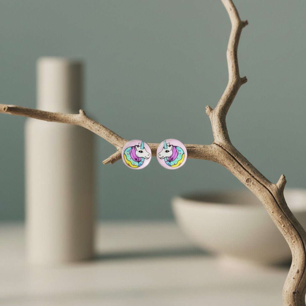 Aramat Jewels 7mm silver stud earrings with a colorful unicorn design on a pink background, featuring a unicorn head with a rainbow mane and a donut-like collar.