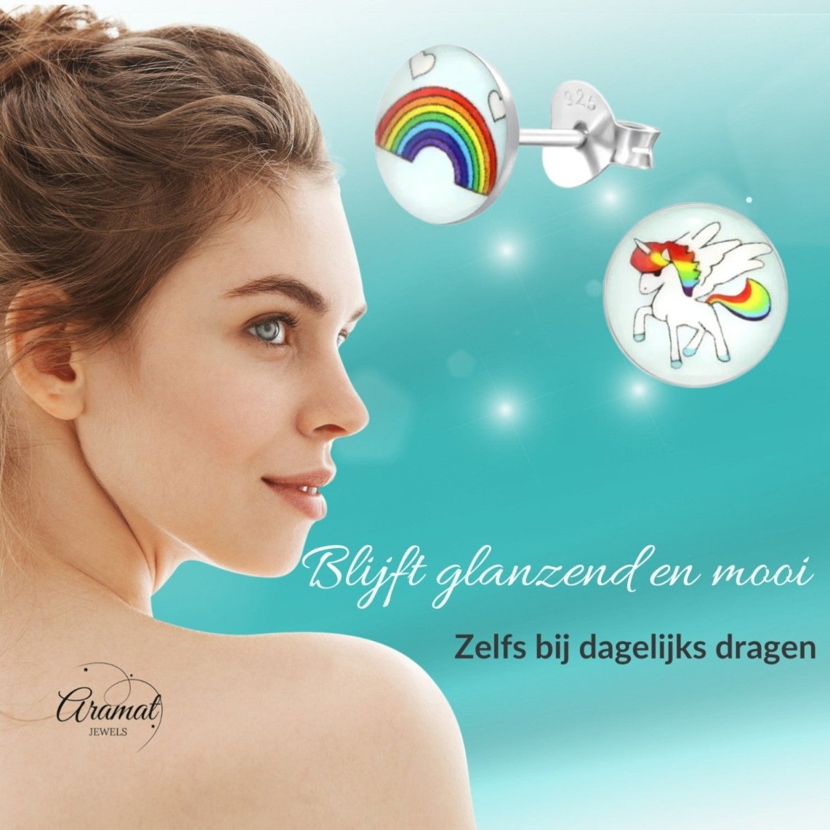 Unicorn Zilveren Oorbellen - Regenboog & Eenhoorn Cadeau - Aramat Jewels - Oorbellen - cadeautip