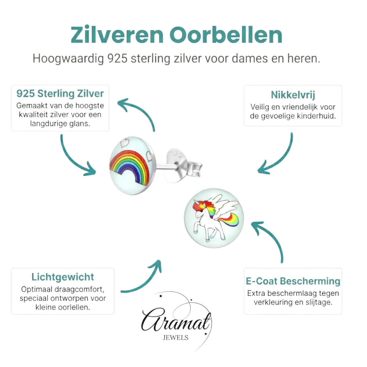 Unicorn Zilveren Oorbellen - Regenboog & Eenhoorn Cadeau - Aramat Jewels - Oorbellen - cadeautip