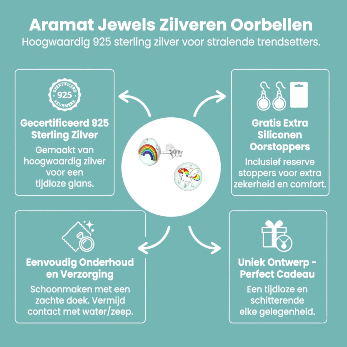Unicorn Zilveren Oorbellen - Regenboog & Eenhoorn Cadeau - Aramat Jewels - Oorbellen - cadeautip