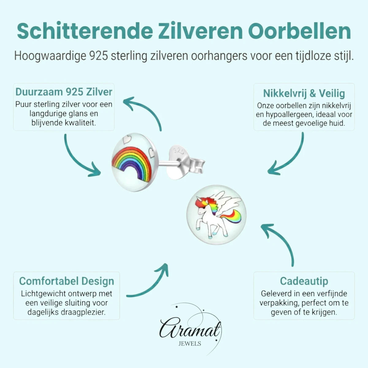 Unicorn Zilveren Oorbellen - Regenboog & Eenhoorn Cadeau - Aramat Jewels - Oorbellen - cadeautip