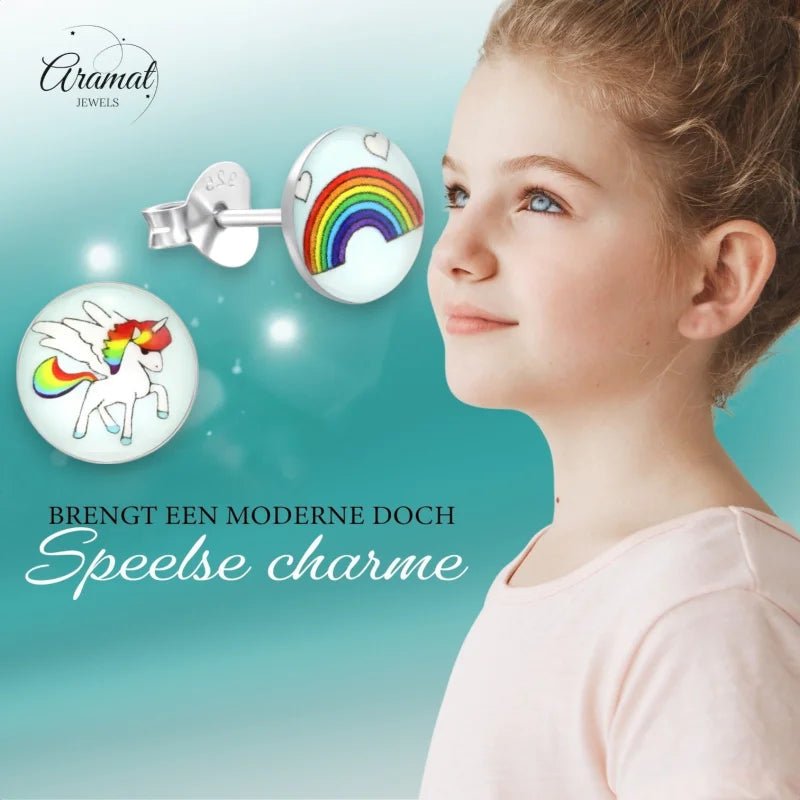 Eenhoorn en regenboog oorbellen voor meisjes.