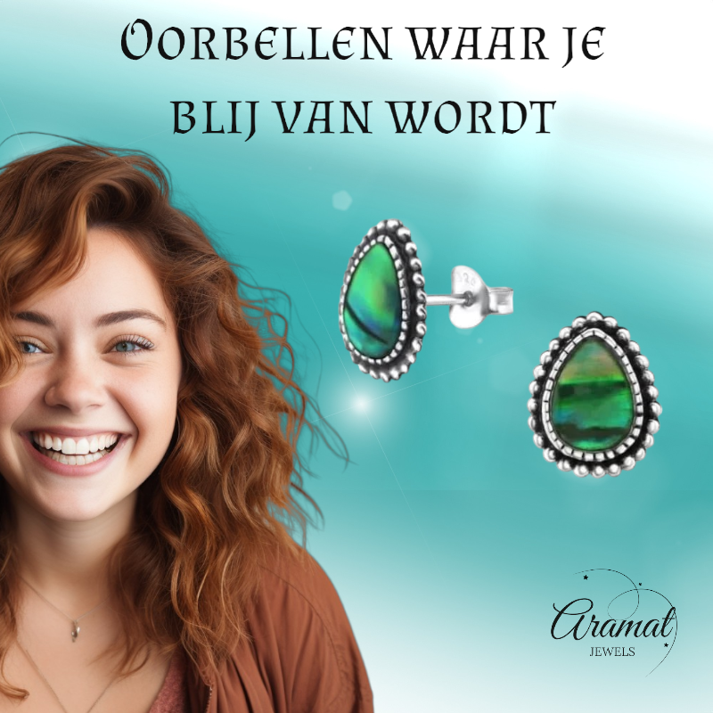 Zilveren Groen Abalone Oorbellen 12x9 mm