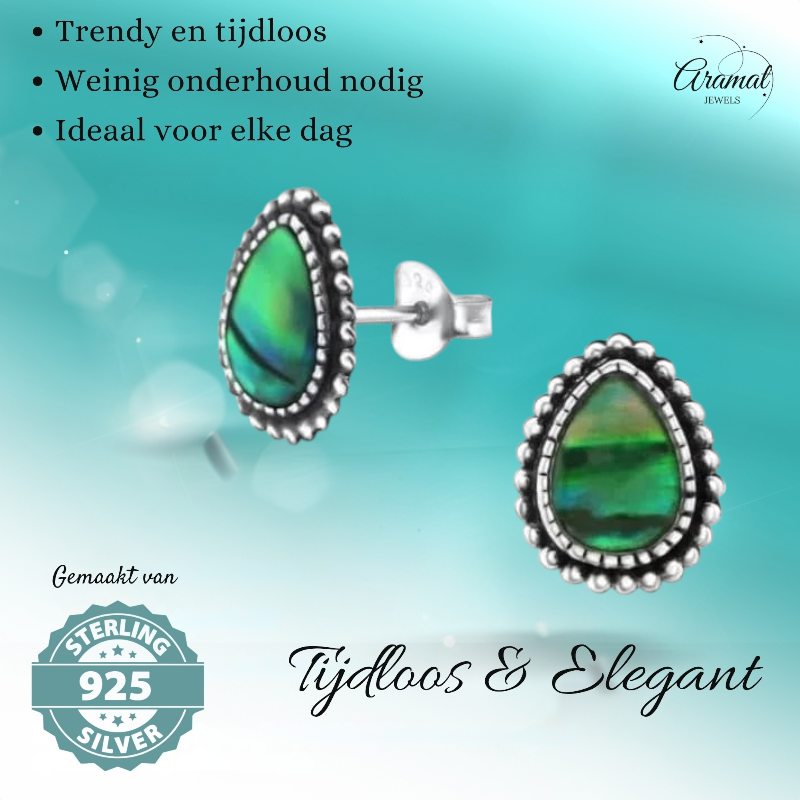 Zilveren Groen Abalone Oorbellen 12x9 mm
