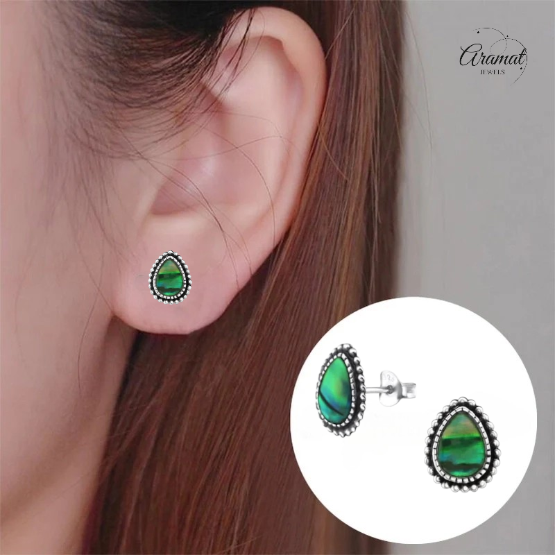 Zilveren Groen Abalone Oorbellen 12x9 mm