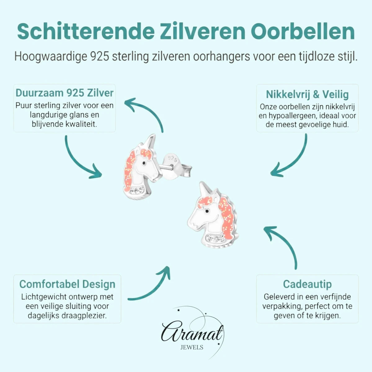 Unieke Zilveren Unicorn Oorbellen - Cadeau voor Kind - Aramat Jewels - Oorbellen - cadeautip