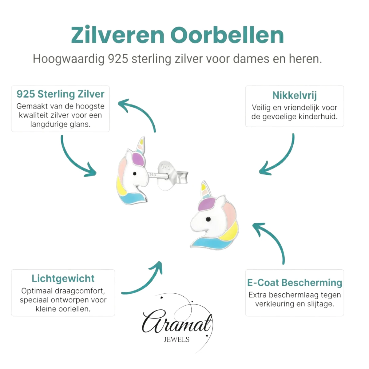 Unieke Zilveren Unicorn Oorbellen - Cadeautje Meisje - Aramat Jewels - Oorbellen - cadeautip