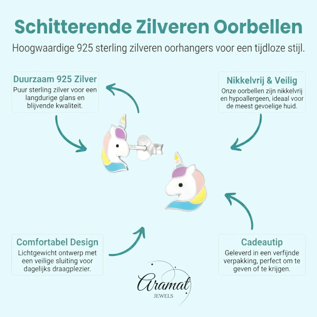 Unieke Zilveren Unicorn Oorbellen - Cadeautje Meisje - Aramat Jewels - Oorbellen - cadeautip