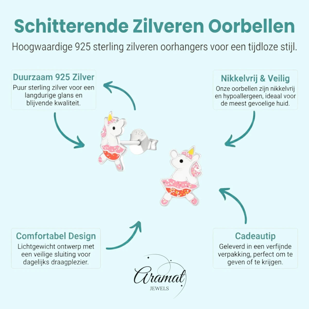 Unieke Zilveren Unicorn Oorbellen - Dansende Eenhoorn - Aramat Jewels - Oorbellen - cadeautip