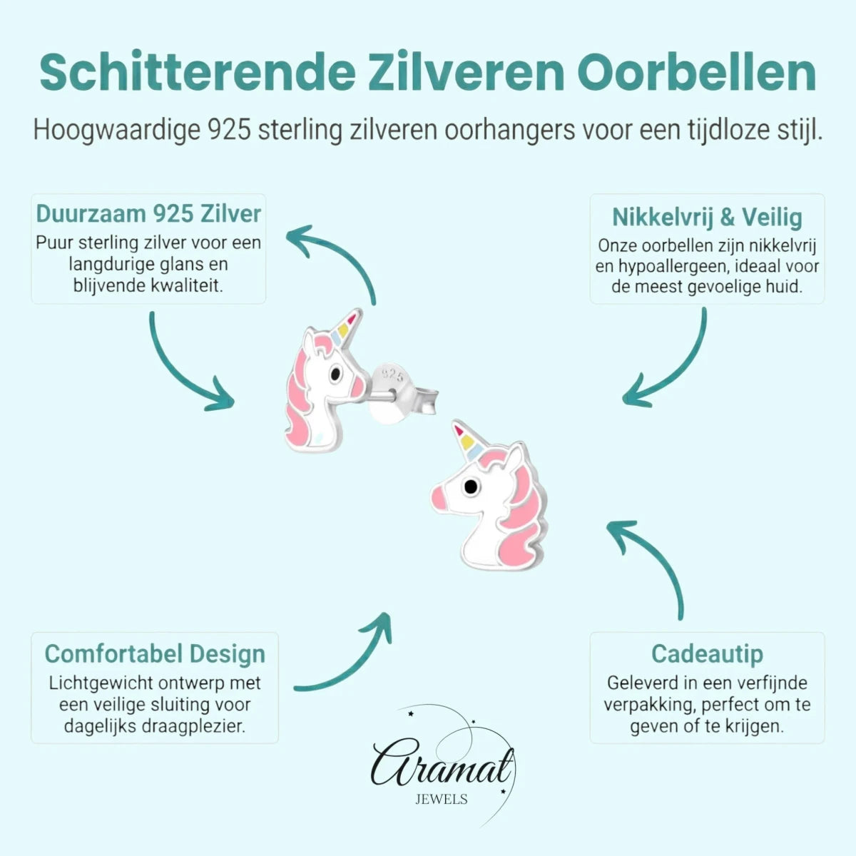 Unieke Zilveren Unicorn Oorbellen - Eenhoorn Thema - Aramat Jewels - Oorbellen - cadeautip