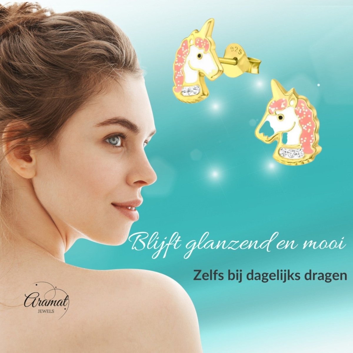 Unieke Zilveren Unicorn Oorbellen - Goudkleurig & Kristal - Aramat Jewels - Oorbellen - cadeautip