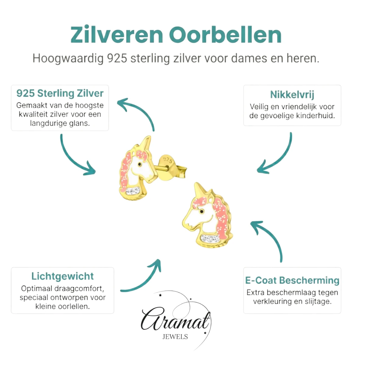 Unieke Zilveren Unicorn Oorbellen - Goudkleurig & Kristal - Aramat Jewels - Oorbellen - cadeautip