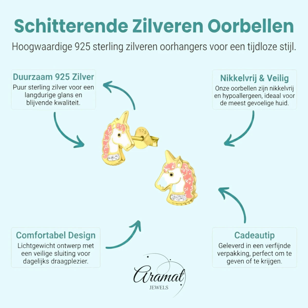 Unieke Zilveren Unicorn Oorbellen - Goudkleurig & Kristal - Aramat Jewels - Oorbellen - cadeautip
