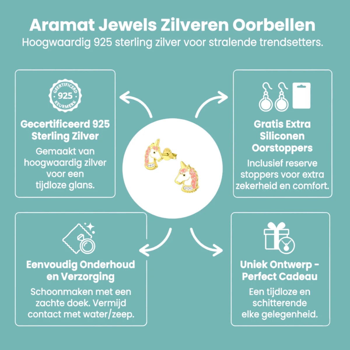 Unieke Zilveren Unicorn Oorbellen - Goudkleurig & Kristal - Aramat Jewels - Oorbellen - cadeautip