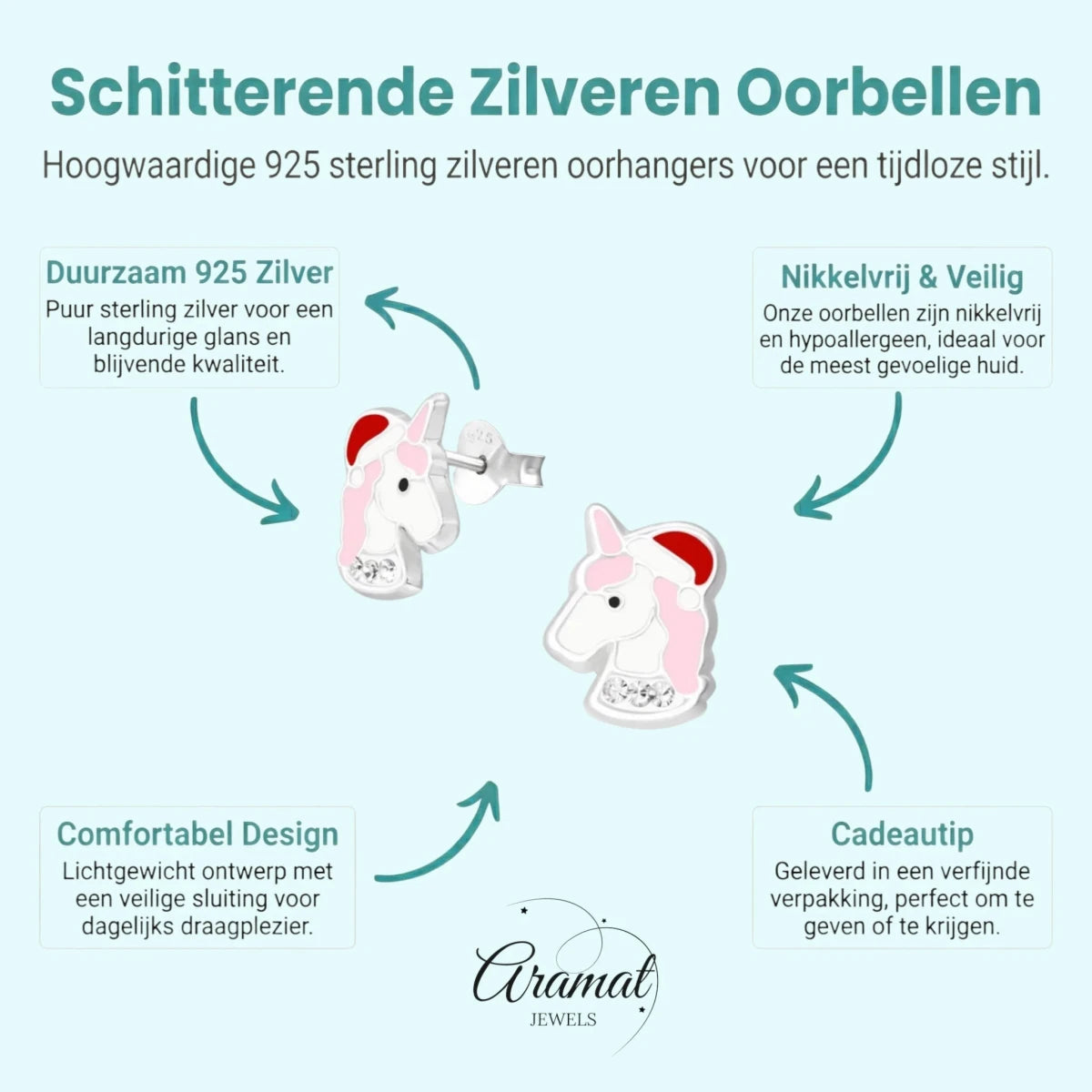 Unieke Zilveren Unicorn Oorbellen - Kerst Geschenk - Aramat Jewels - Oorbellen - cadeautip