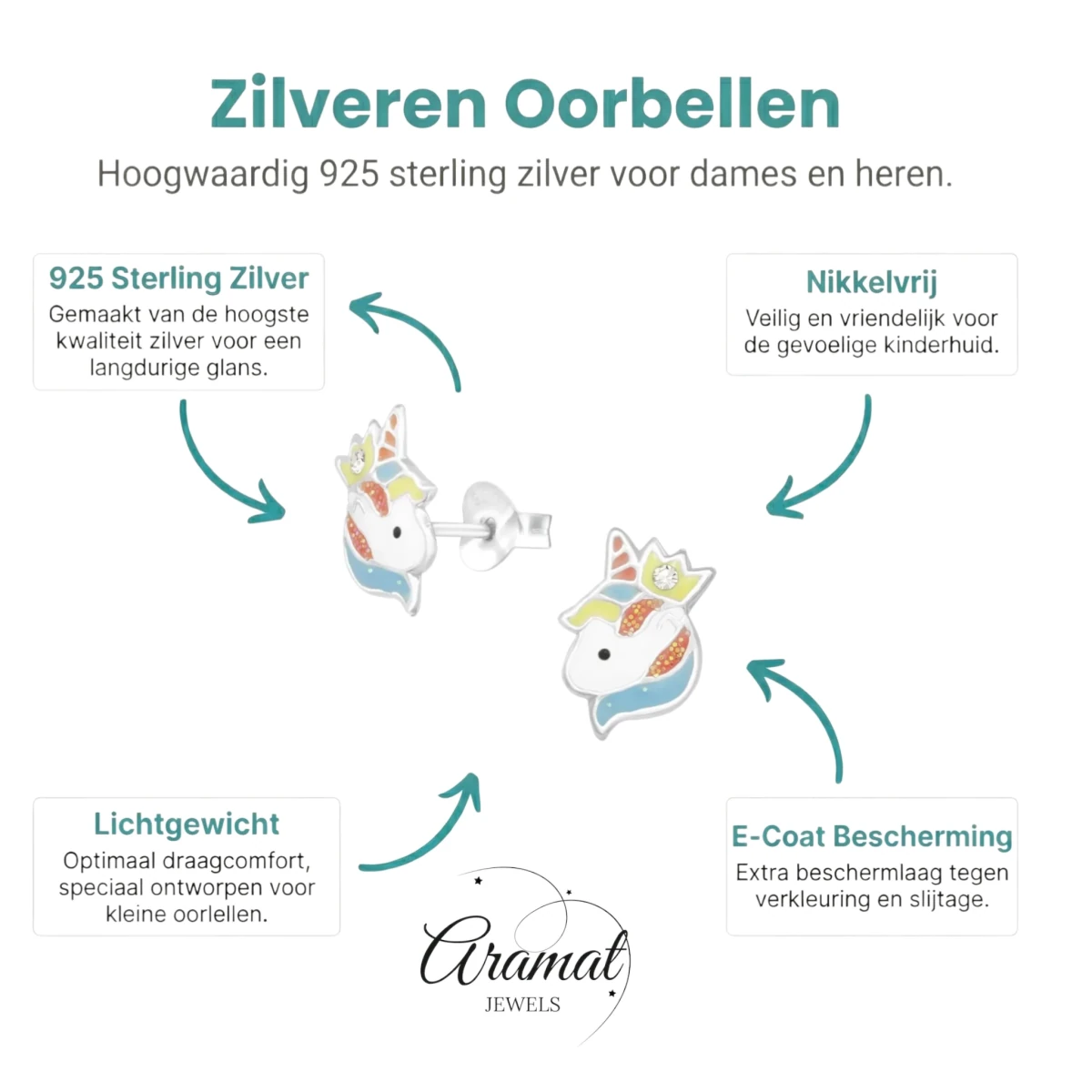 Unieke Zilveren Unicorn Oorbellen - Kristal & Emaille - Aramat Jewels - Oorbellen - cadeautip