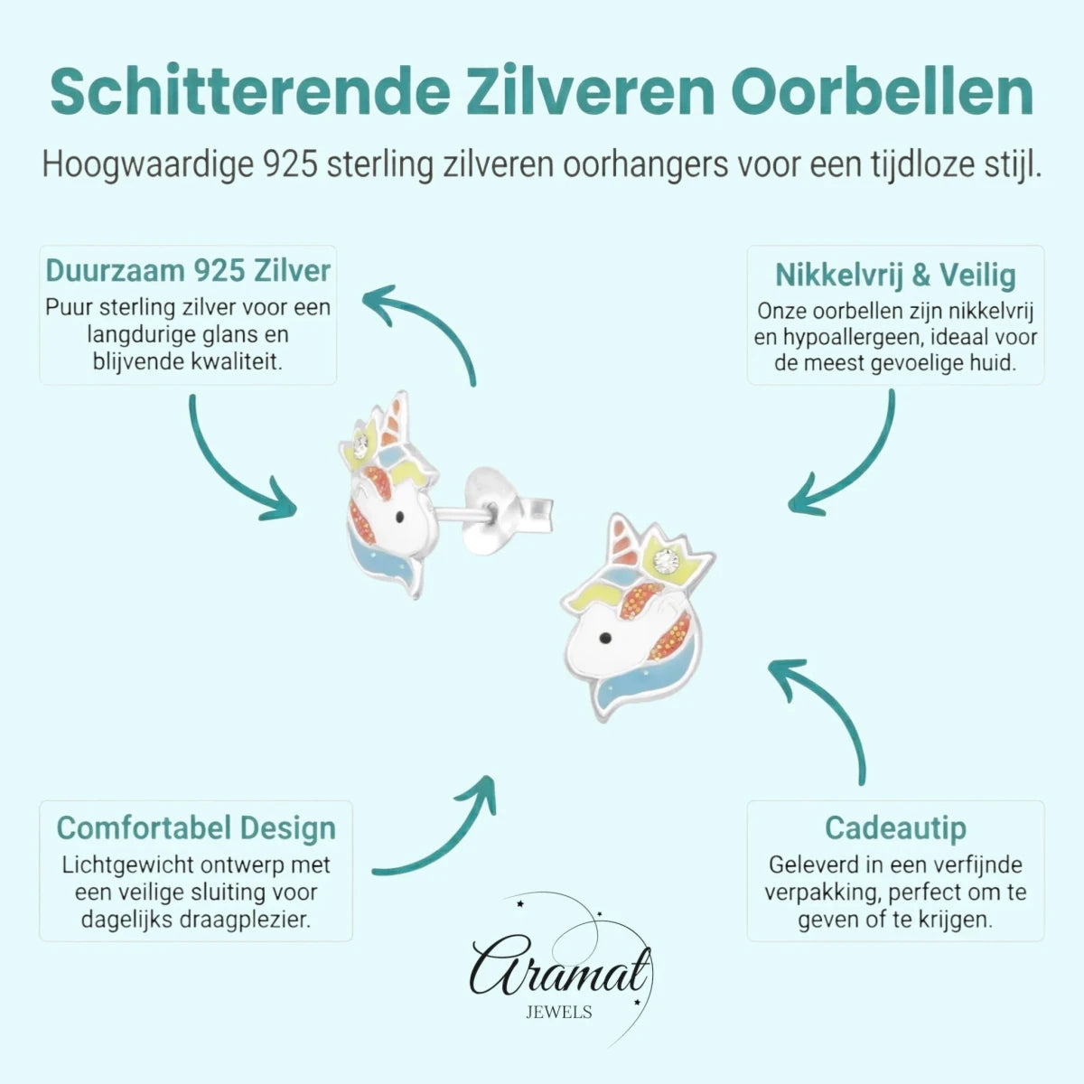 Unieke Zilveren Unicorn Oorbellen - Kristal & Emaille - Aramat Jewels - Oorbellen - cadeautip