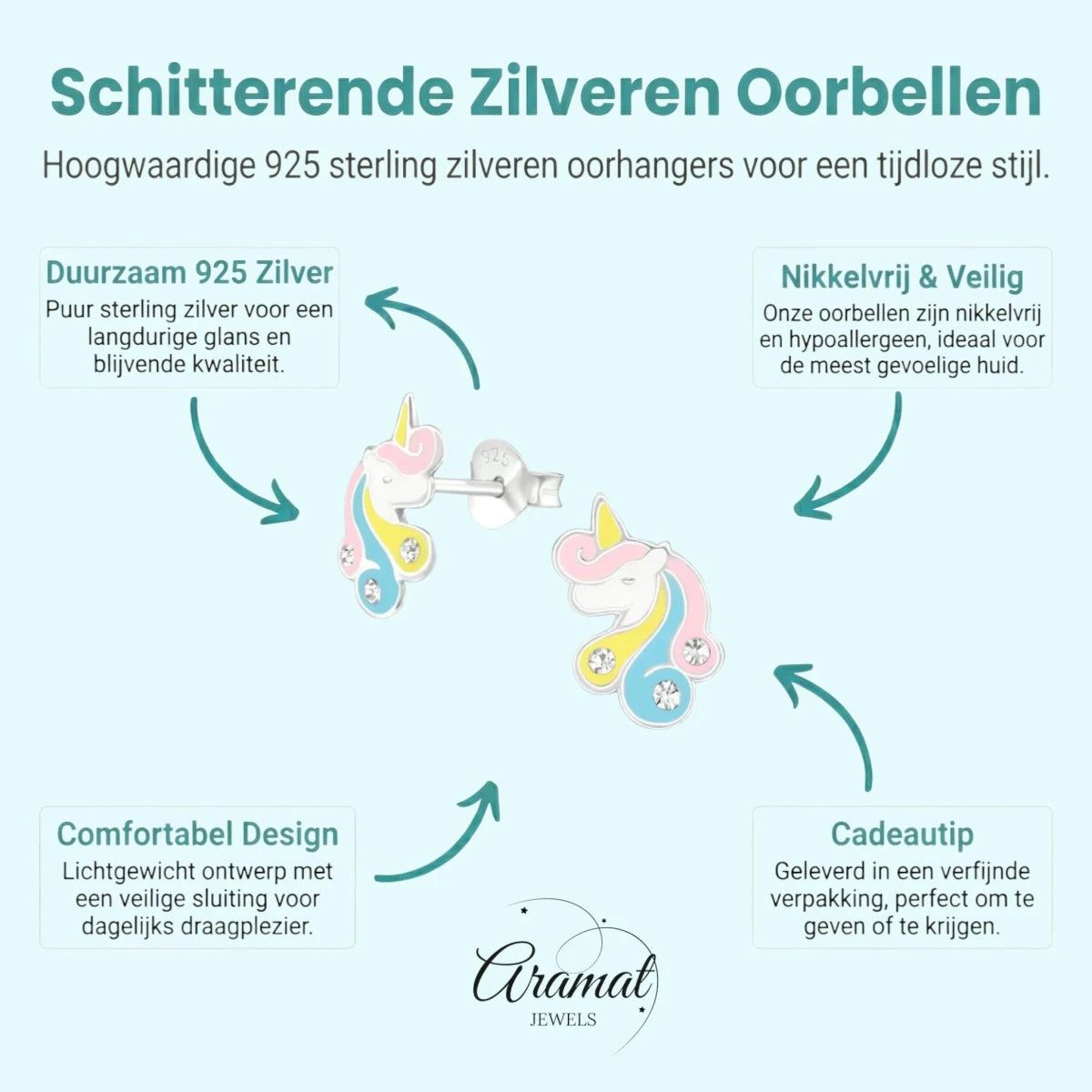 Unieke Zilveren Unicorn Oorbellen - Pastel & Kristal - Aramat Jewels - Oorbellen - cadeautip