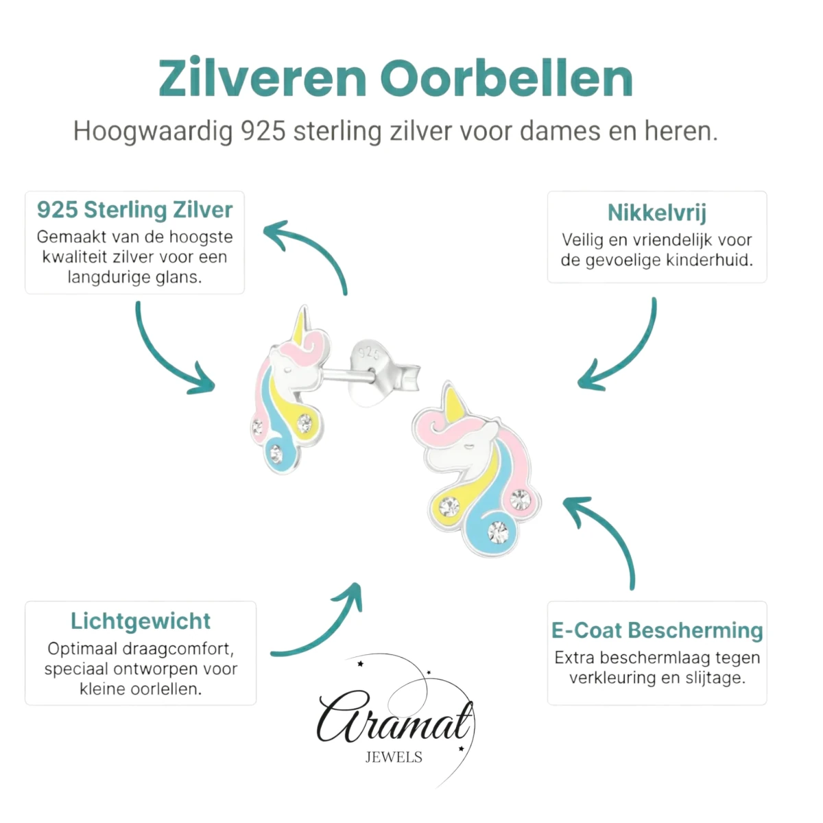 Unieke Zilveren Unicorn Oorbellen - Pastel & Kristal - Aramat Jewels - Oorbellen - cadeautip