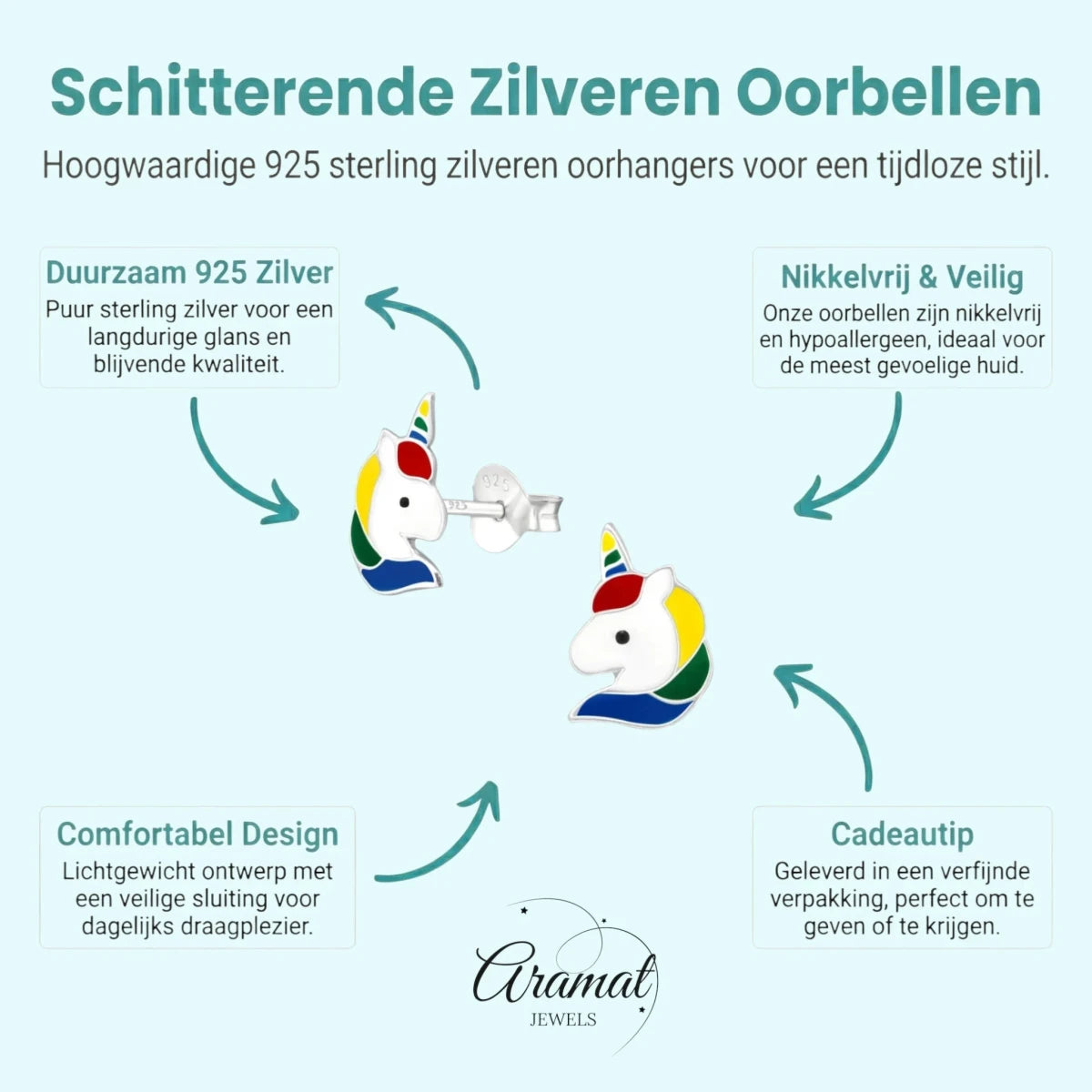 Unieke Zilveren Unicorn Oorbellen - Regenboog Cadeautje - Aramat Jewels - Oorbellen - cadeautip