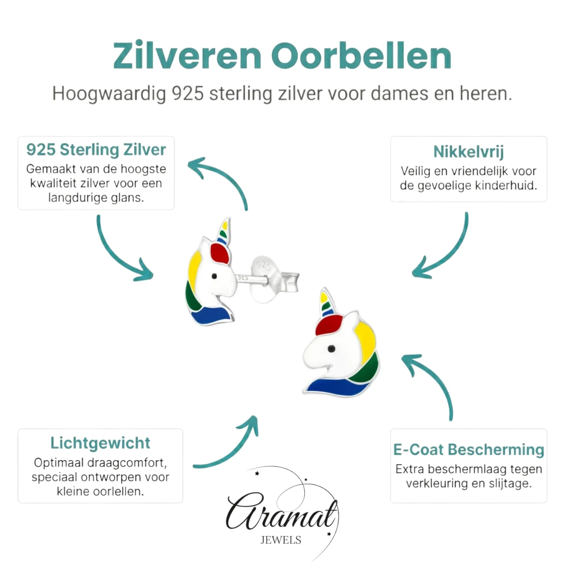 Unieke Zilveren Unicorn Oorbellen - Regenboog Cadeautje - Aramat Jewels - Oorbellen - cadeautip