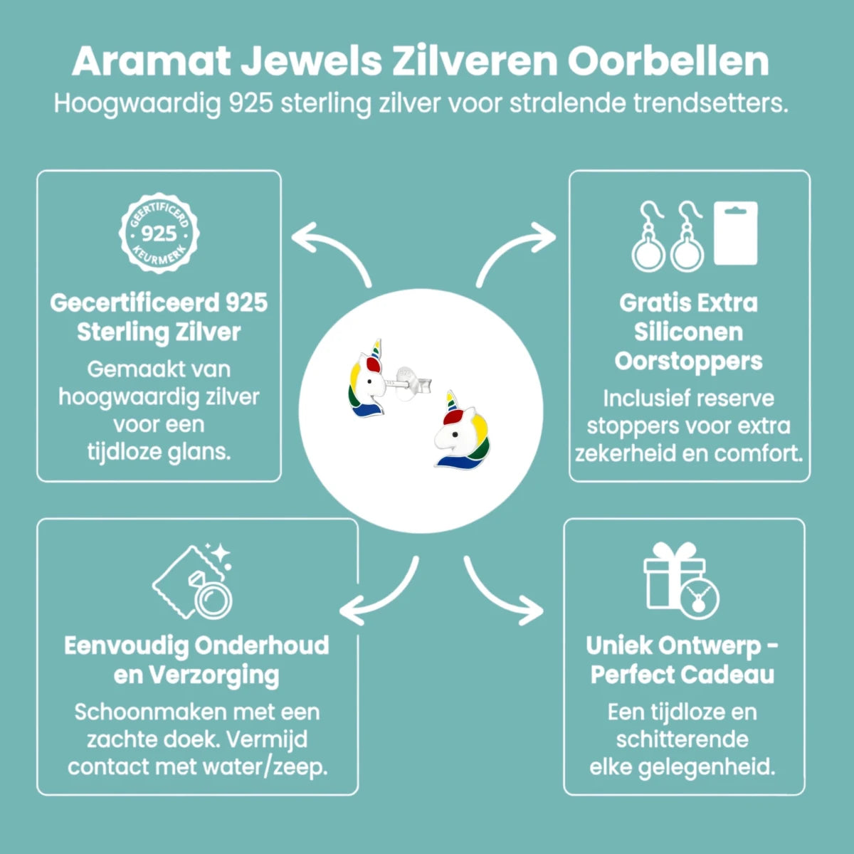 Unieke Zilveren Unicorn Oorbellen - Regenboog Cadeautje - Aramat Jewels - Oorbellen - cadeautip