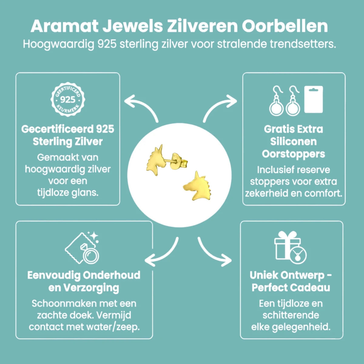 Unieke Zilveren Unicorn Oorbellen - Trendy Goldplated - Aramat Jewels - Oorbellen - cadeautip