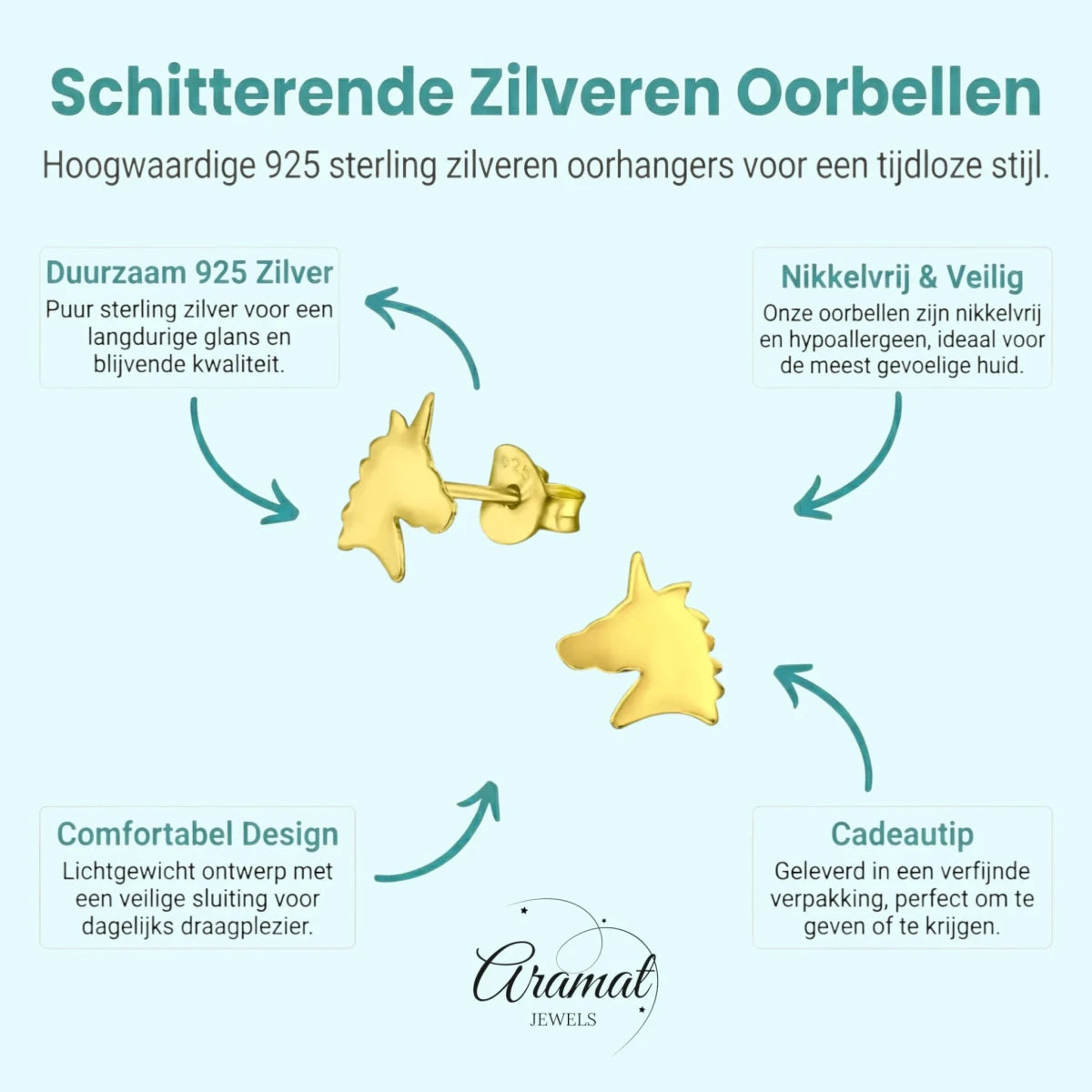 Unieke Zilveren Unicorn Oorbellen - Trendy Goldplated - Aramat Jewels - Oorbellen - cadeautip