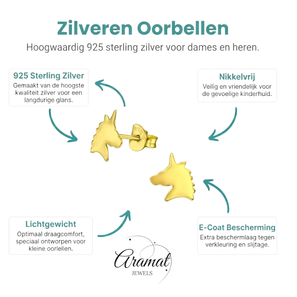 Unieke Zilveren Unicorn Oorbellen - Trendy Goldplated - Aramat Jewels - Oorbellen - cadeautip