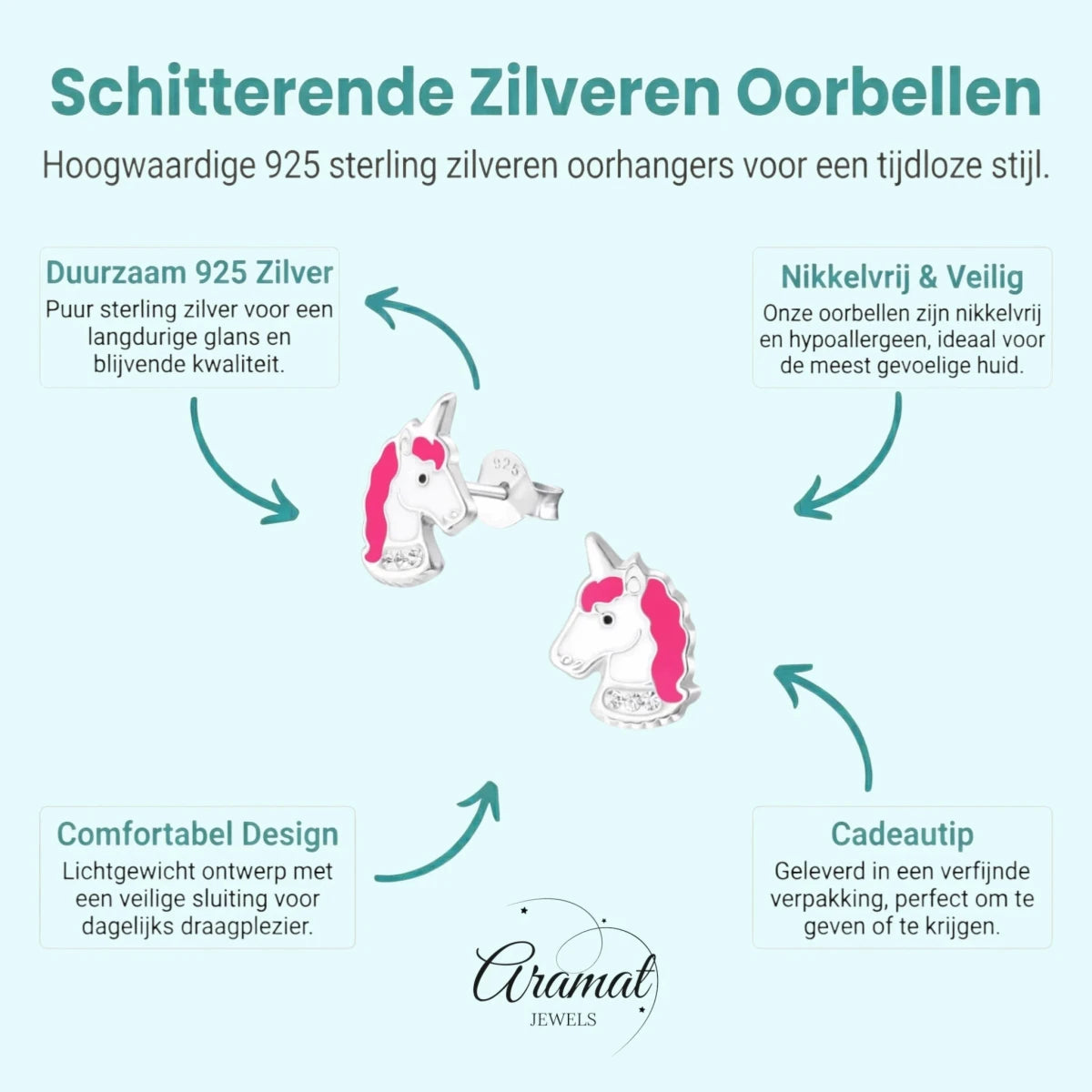 Unieke Zilveren Unicorn Oorbellen - Wit & Donker Roze - Aramat Jewels - Oorbellen - cadeautip