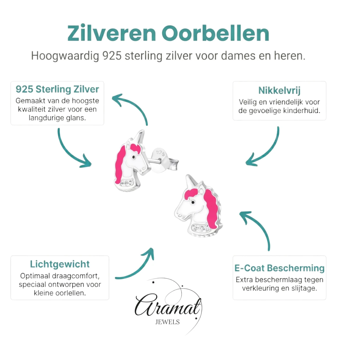 Unieke Zilveren Unicorn Oorbellen - Wit & Donker Roze - Aramat Jewels - Oorbellen - cadeautip