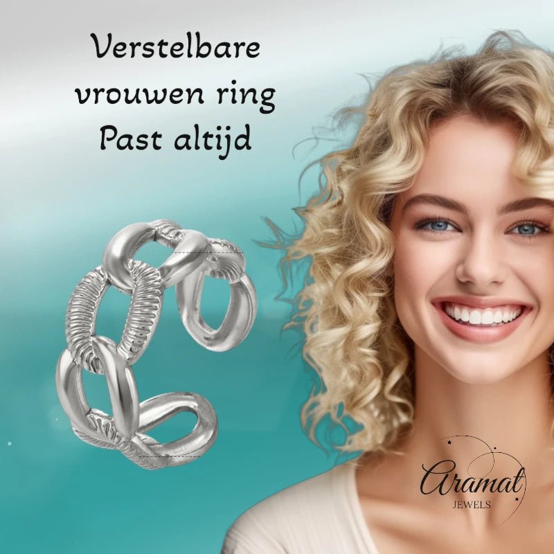 Verstelbare Open Schakelring – Gladde & Gestreepte Schakels – One Size - ring307 - 76742 - Ringen kopen# - Goudkleur - alles - cadeau