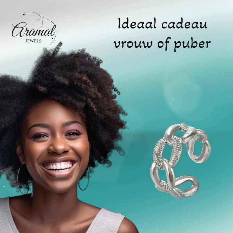 Verstelbare Open Schakelring – Gladde & Gestreepte Schakels – One Size - ring333 - 76731 - Ringen kopen# - Zilverkleur - alles - cadeau