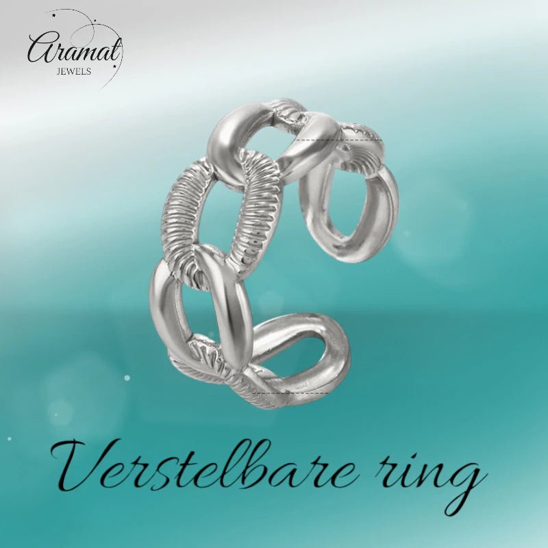 Verstelbare Open Schakelring – Gladde & Gestreepte Schakels – One Size - ring333 - 76731 - Ringen kopen# - Zilverkleur - alles - cadeau