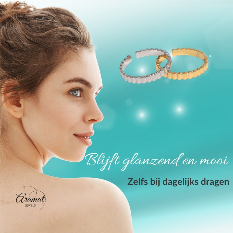 Verstelbare RVS Ring met Blokjes Motief - 3mm Breed - Aramat Jewels - Ringen - cadeautip