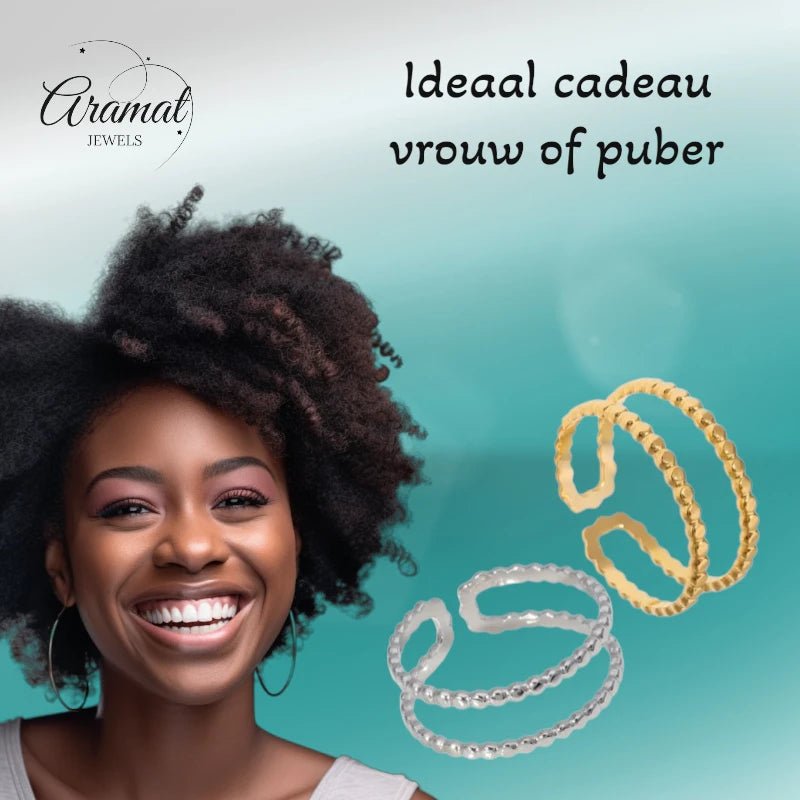 Verstelbare RVS Ring met Dubbele Bolletjeslijn (7 mm) - Aramat Jewels - Ringen - cadeautip