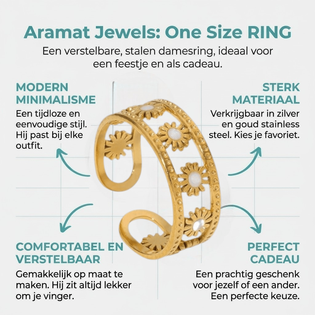 Verstelbare RVS Ring met Emaille Bloemen - Goudkleur (7 mm) - Aramat Jewels - Ringen - cadeautip