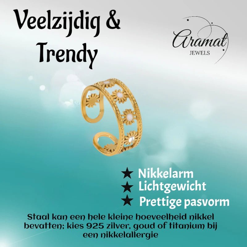 Verstelbare RVS Ring met Emaille Bloemen - Goudkleur (7 mm) - Aramat Jewels - Ringen - cadeautip