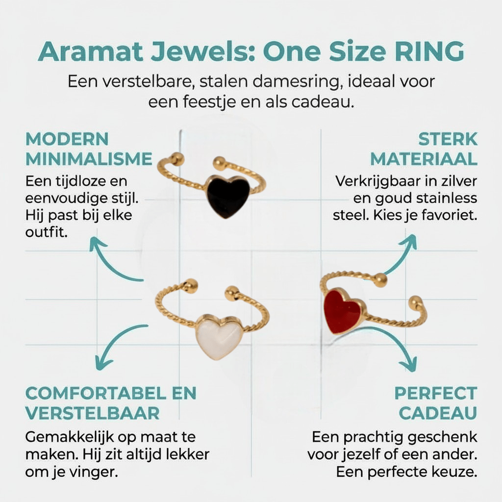 Verstelbare RVS Ring met Emaille Hartje - Goudkleur (8,5 mm) - Aramat Jewels - Ringen - cadeautip