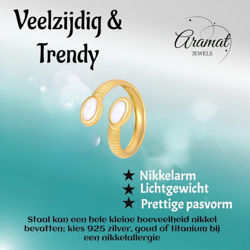 Verstelbare RVS Ring met Parelwitte Emaille Ovalen - Goudkleur (15 mm) - Aramat Jewels - Ringen - cadeautip