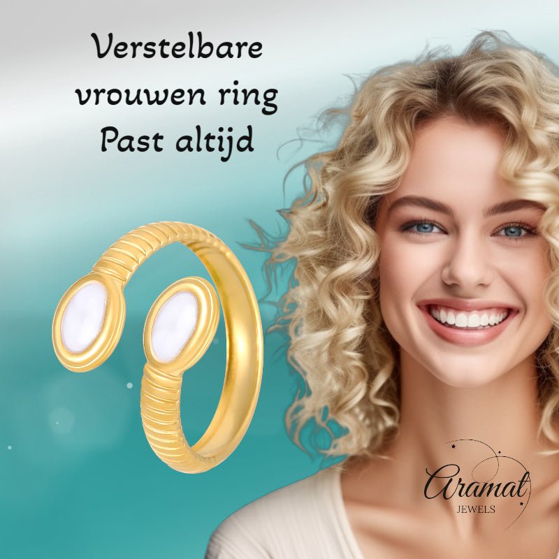 Verstelbare RVS Ring met Parelwitte Emaille Ovalen - Goudkleur (15 mm) - Aramat Jewels - Ringen - cadeautip