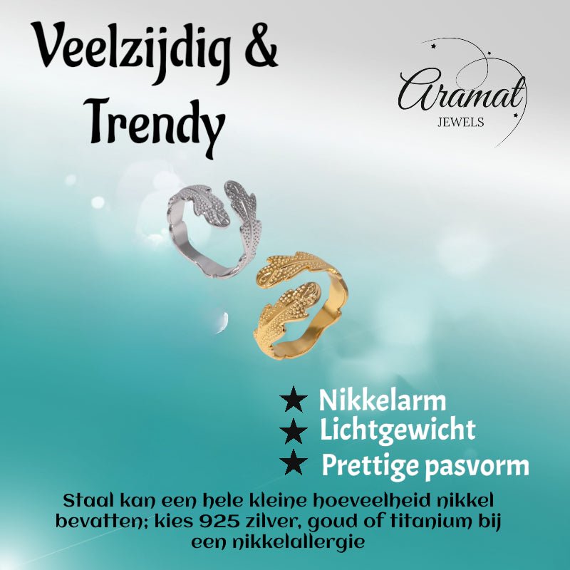 Verstelbare RVS Ring met Verfijnd Veer - Ontwerp (17 mm) - Aramat Jewels - Ringen - cadeautip