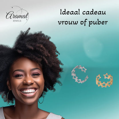 Verstelbare Sterren Ring van RVS met Bolletjes Motief (9 mm) - Aramat Jewels - Ringen - cadeautip