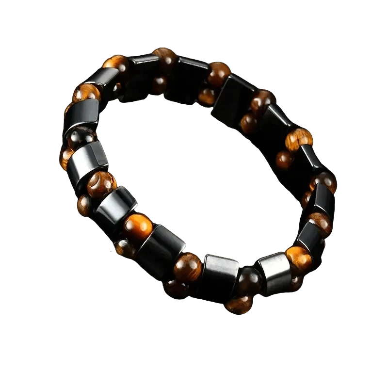 Aramat Jewels® verstelbare armband met ronde tijgeroog en rechthoekige hematiet stenen.