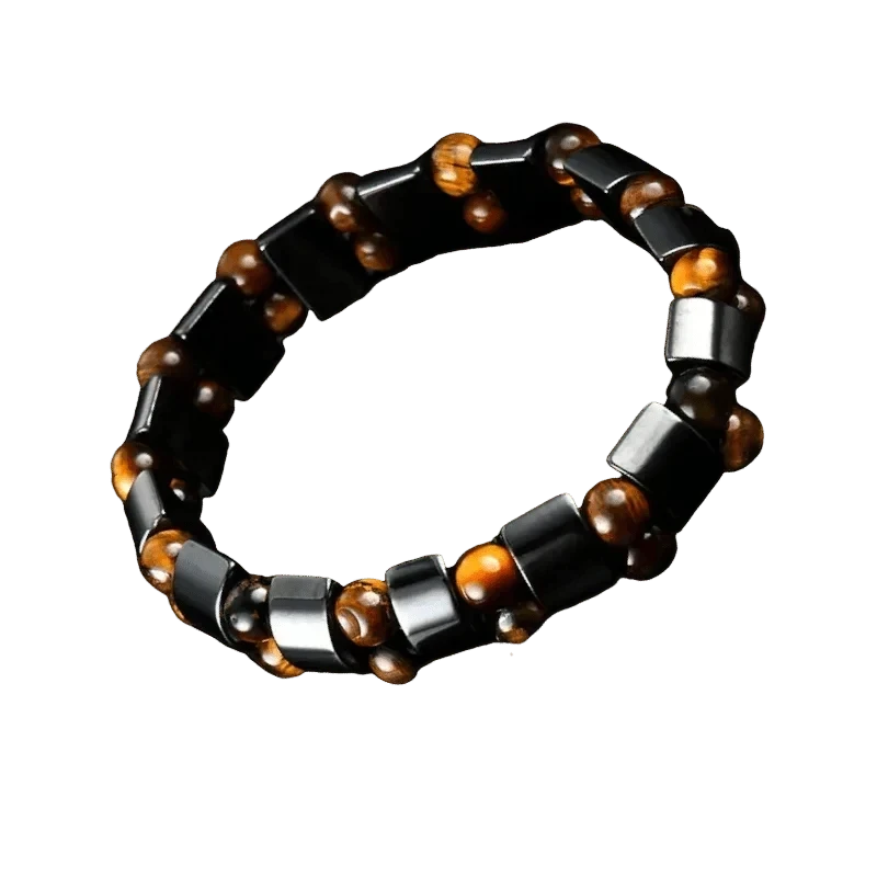 Aramat Jewels® verstelbare armband met ronde tijgeroog en rechthoekige hematiet stenen.