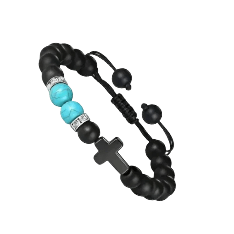 Een zwart met turquoise kralen armband met zilveren sluiting