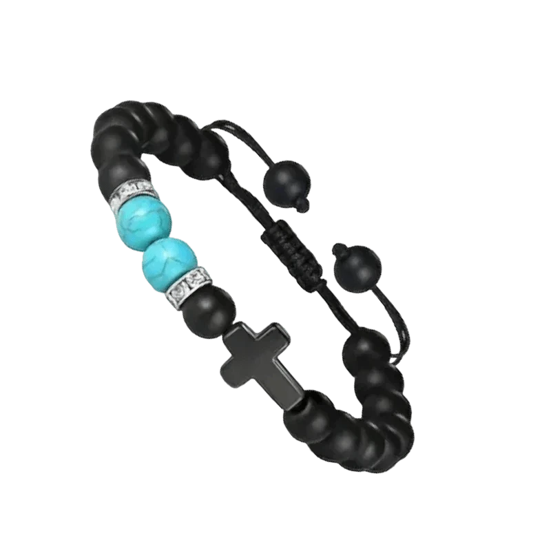 Een zwart met turquoise kralen armband met zilveren sluiting