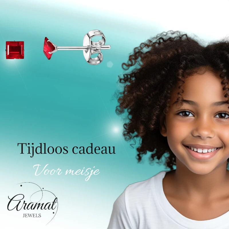 Oorbellen – RVS Zilverkleur met Rode Vierkante Zirkonia (3mm)