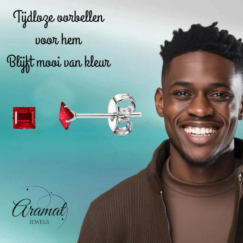 Oorbellen – RVS Zilverkleur met Rode Vierkante Zirkonia (3mm)