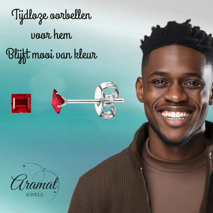 Oorbellen – RVS Zilverkleur met Rode Vierkante Zirkonia (3mm)